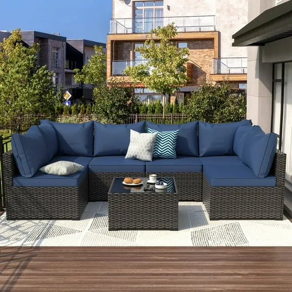 GOJOOASIS Patio Furniture Set, 7 Pieces Outdoor PE Rattan Couch with Glass Table All Weather Sectional Washable Cushion Blue $451.25 Was $499.99