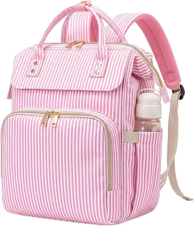 Diaper Bag Backpack for Mom Travel Nappy Bag, Pink Striped