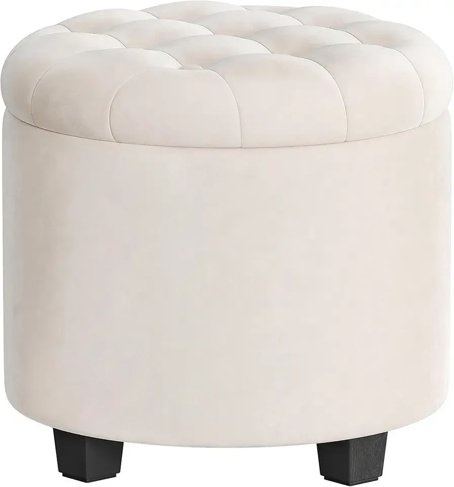 Round Ottoman, Ottoman with Storage, 17.7 x 17.7 x 17.5 Inches, Foot Rest with Legs, Velvet, Load up to 330 lb, for Living Room, Bedroom, Cream White ULOM012W01