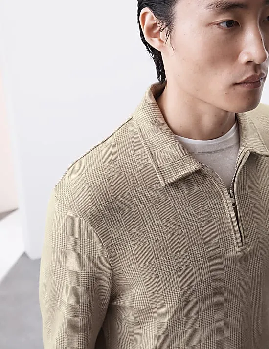 Langarm-Poloshirt aus reiner Baumwolle mit halbem Reißverschluss