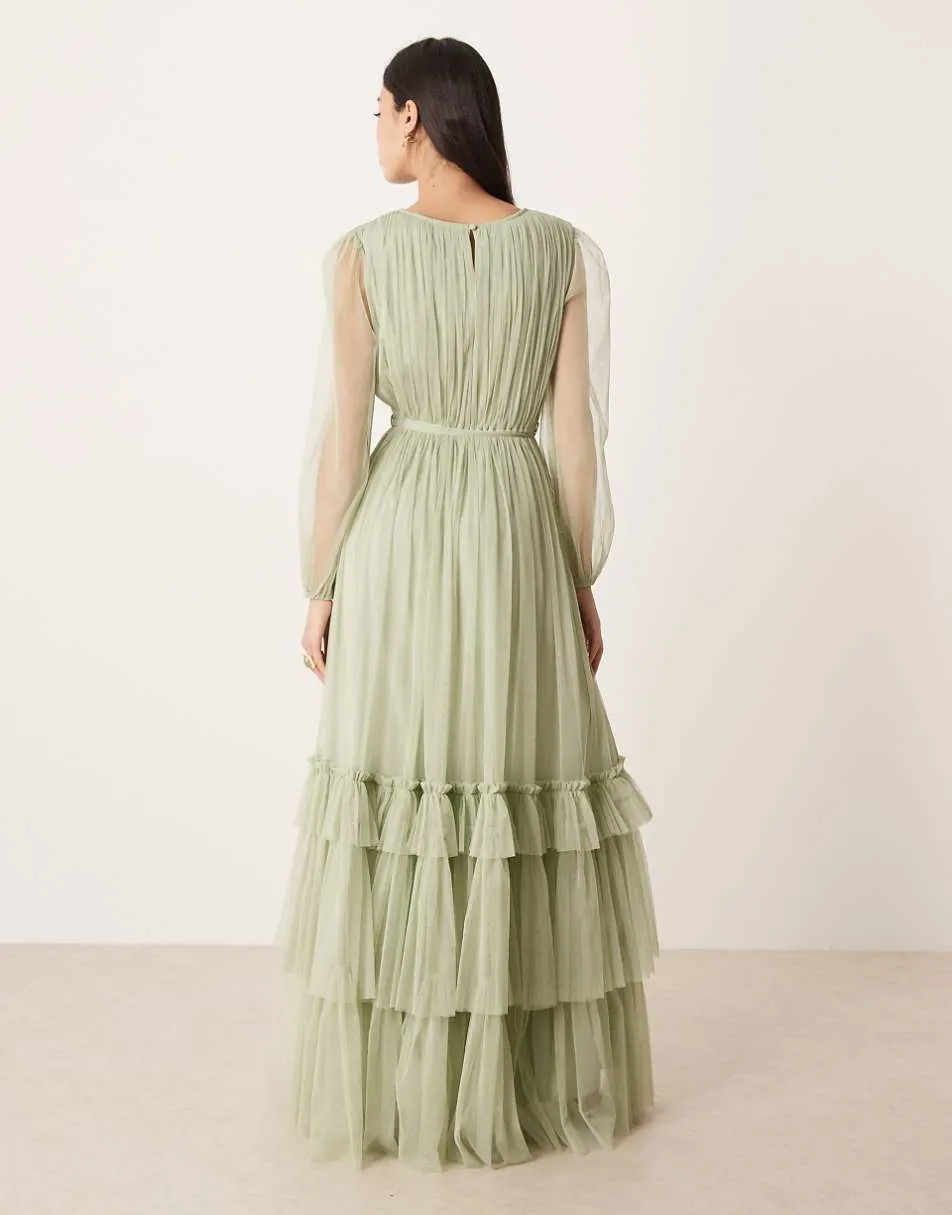 Lace & Beads Bridesmaid Rebecca crew neck sheer sleeve tiered maxi dress in sage green