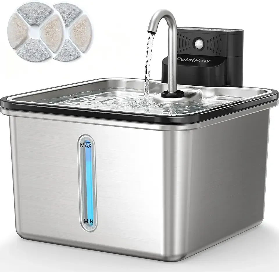 Wireless Cat Water Fountain, Water & Battery Separation, Faucet Design, PETALPAW, Cat Fountain Stainless Steel, 4000mAh, 3.5L Cordless Pet Water Dispenser for Indoor Cats & Small Dogs, Silver