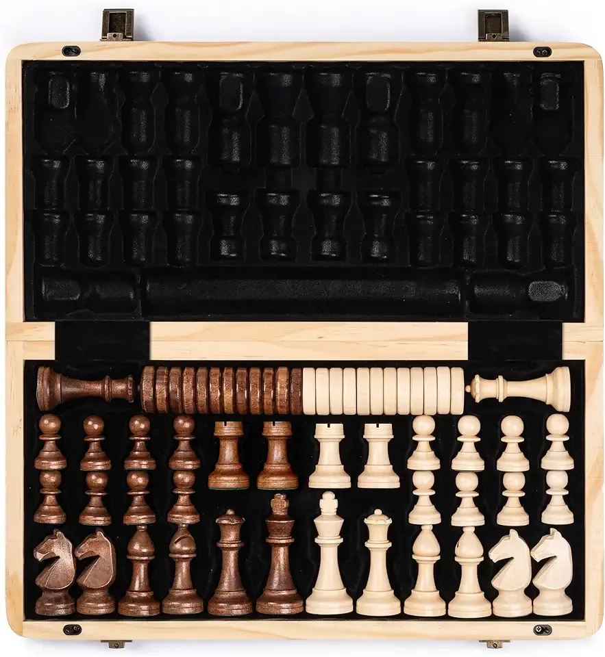 A&A 15" Magnetic Wooden Chess Set/Folding Board / 3" King Height German Knight Staunton Chess Pieces/Mahogany & Maple Inlaid /2 Extra Queen