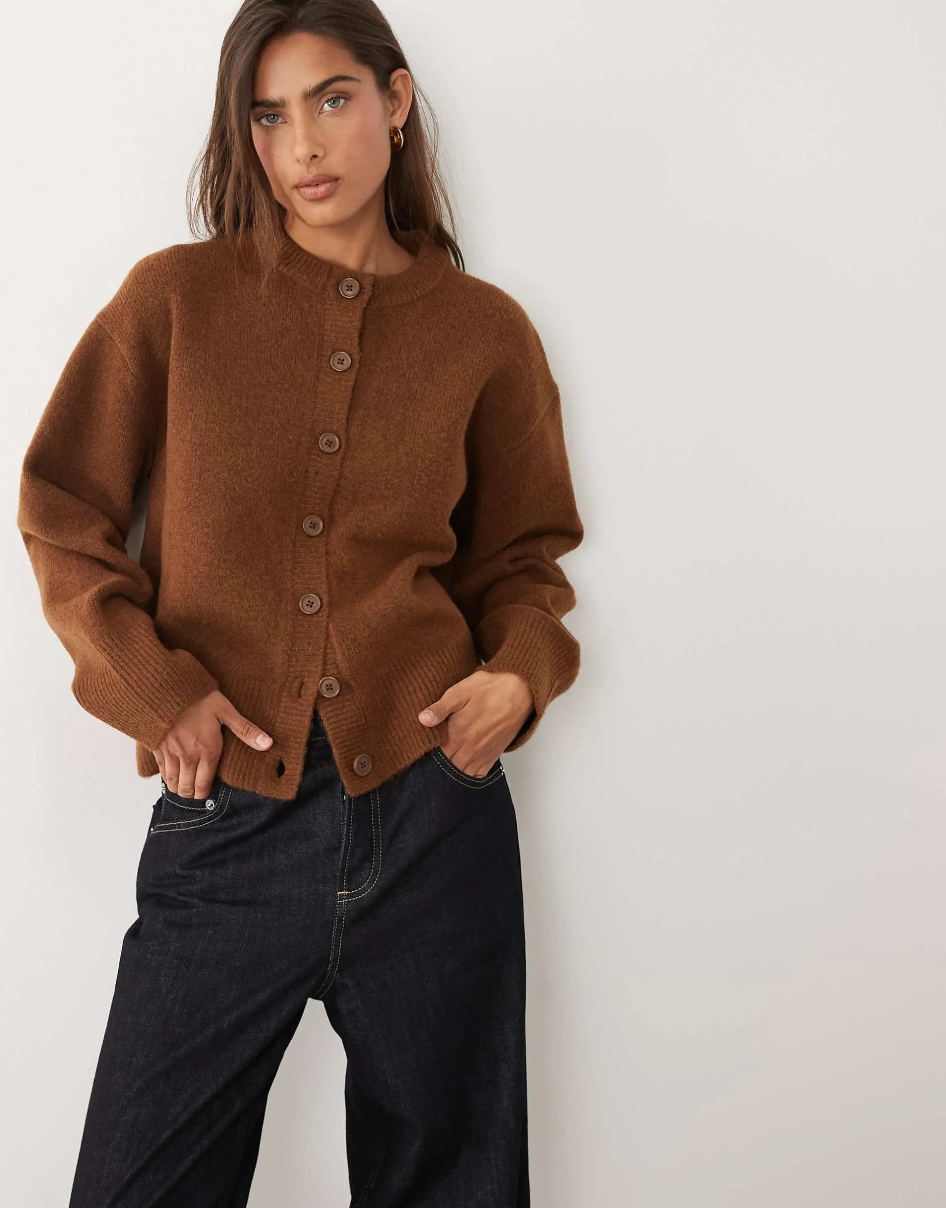 ASOS DESIGN relaxed cardigan with side split detail in brown