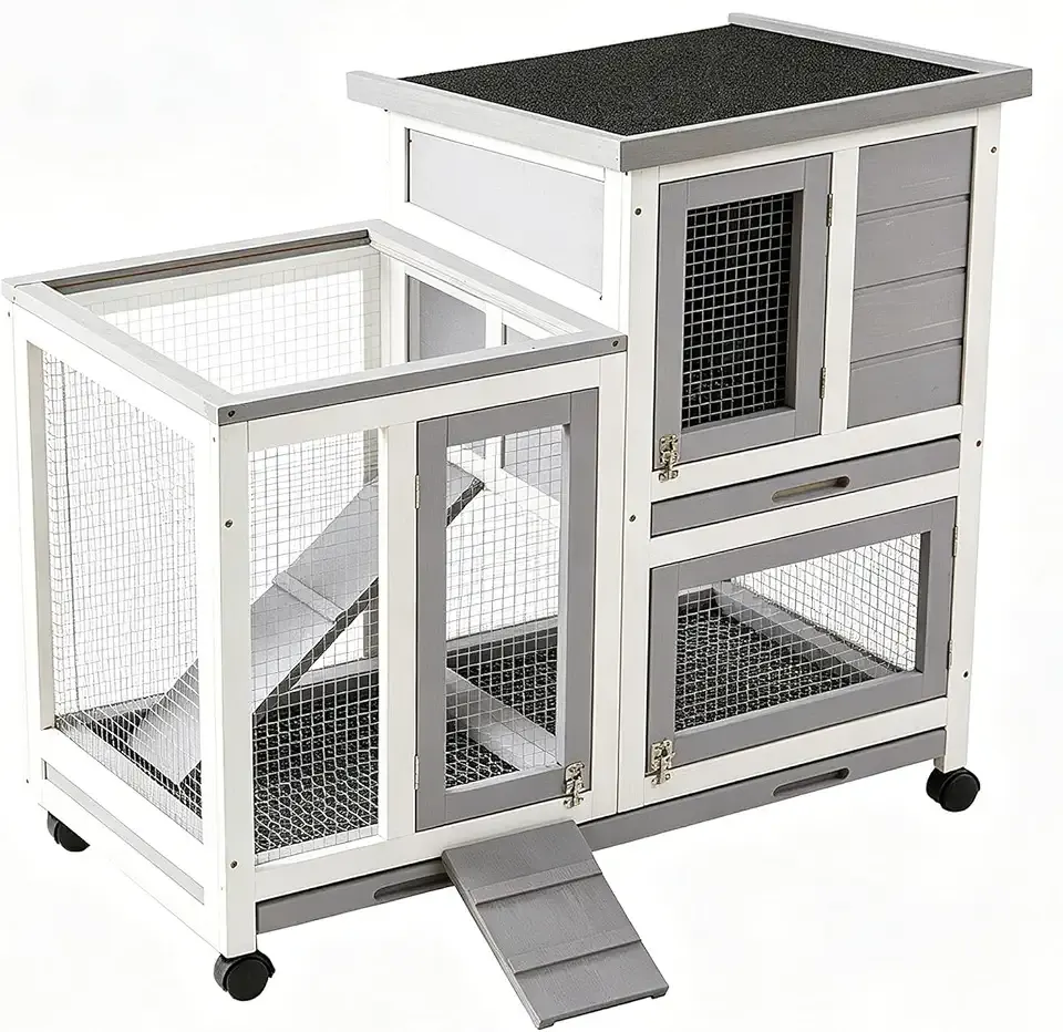Wooden Rabbit Hutch Indoor Outdoor, 2-Tier Large Small Animal Cage with Casters, Pull Out Trays, Ramp & Mesh Window, Bunny Guinea Pig Ferret Hamster House Pet Cage