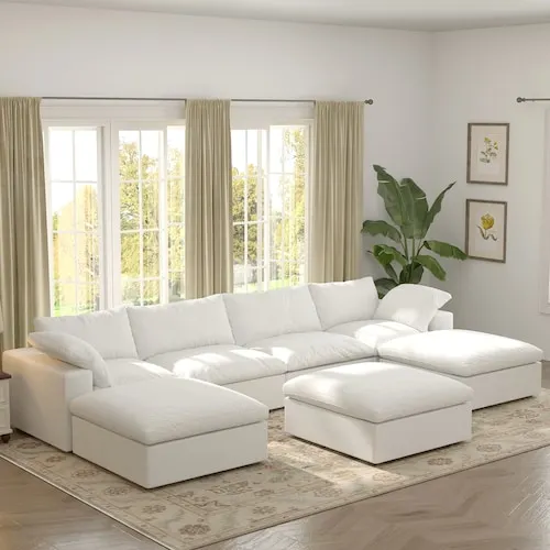 Large Storage 157 in. Square Arm Linen 7-Piece Down Filled Pinewood Cloud Modular Tuxedo Sofa in White with 3-Ottomans