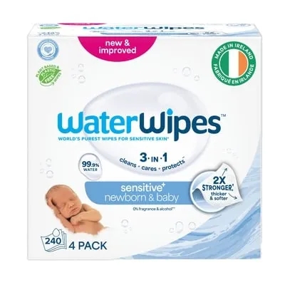 Sensitive+ Newborn & Baby Wipes, 3-In-1 Cleans, Cares, Protects, 99.9% Water, Unscented & Hypoallergenic, 240 Count