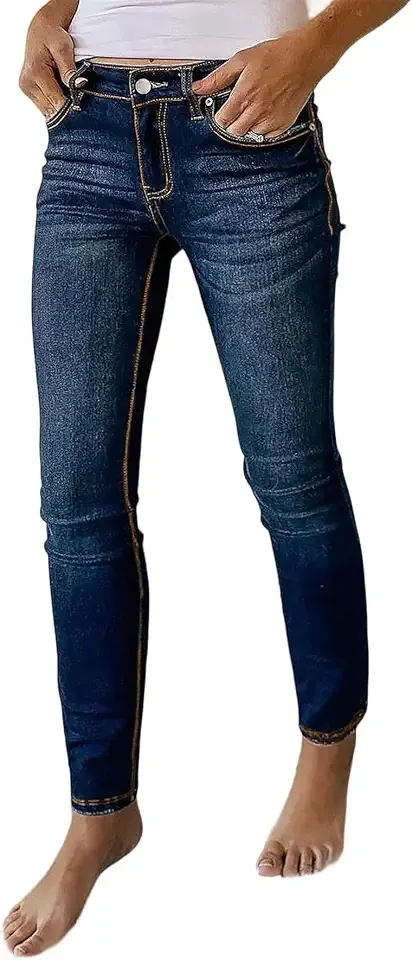 Mid Rise Skinny Jeans for Women Trendy Wash Stretchy Butt Lifting Western Jeans with Pocket Back