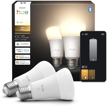 Philips Hue Smart LED A19 Bulb, Warm White Light 2700K, E26 Base, 10.5W, 1100 Lumens, Dimmable, Works with Alexa, Google Assistant, and Apple Home, 2 Pack