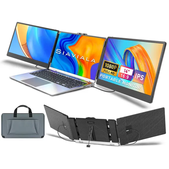 SIAVIALA 14" IPS Triple Portable Monitor for 13"-17.3" Laptops Extension, 1080P FHD Laptop Screen Extender Dual Monitor Screen, Type-C/USB-A/HDMI Plug & Play for Wins/Mac/Chrome
