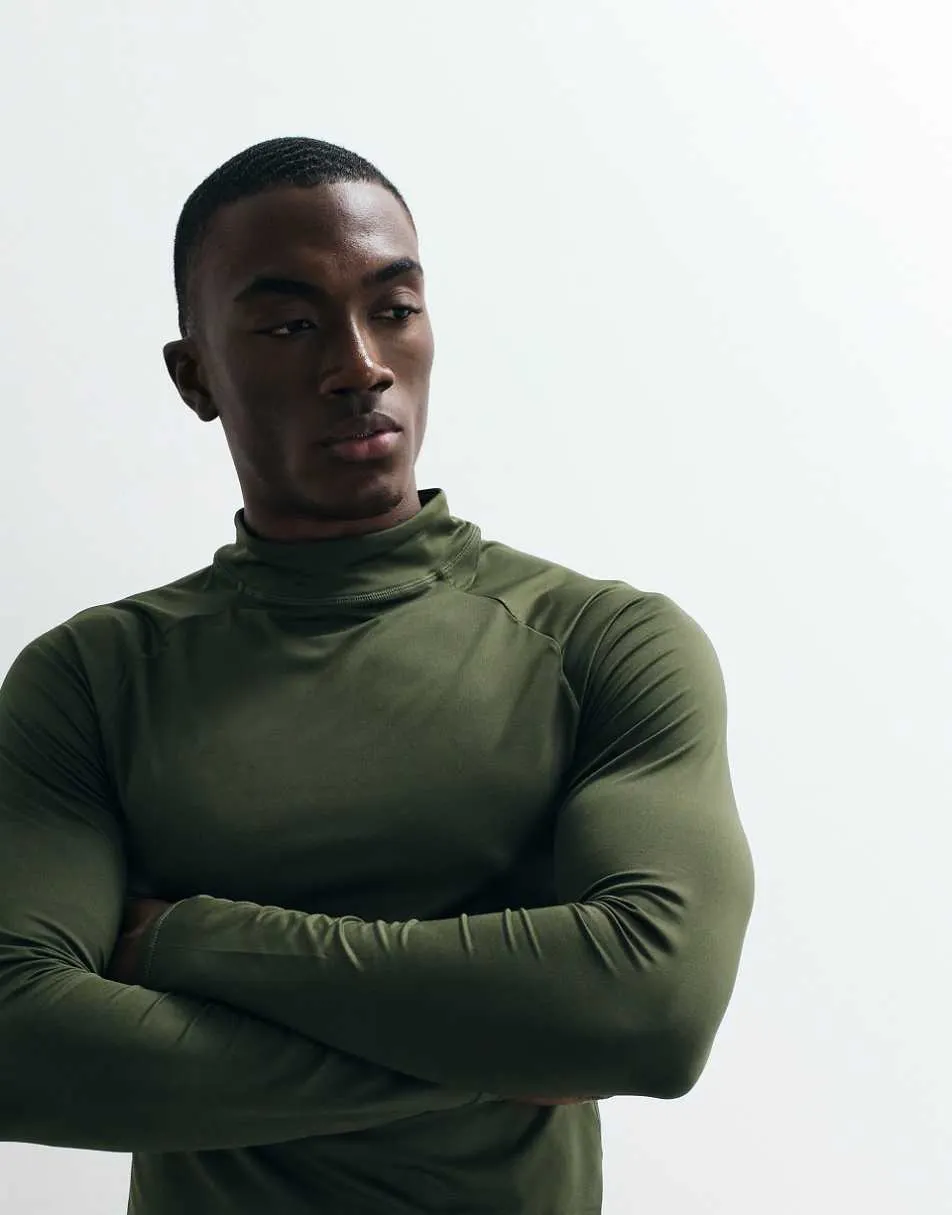 4505 Icon active quick dry muscle fit base layer training long sleeve mock neck top in khaki