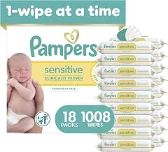 Pampers Sensitive Baby Wipes, Unscented, Fragrance Free, Clinically Proven, Water Based, Hypoallergenic, Multi-Use, Hand Wipes, 1008 Wipes Total (18X Flip-Top Packs) Pampers Sensitive Baby Wipes, Unscent…