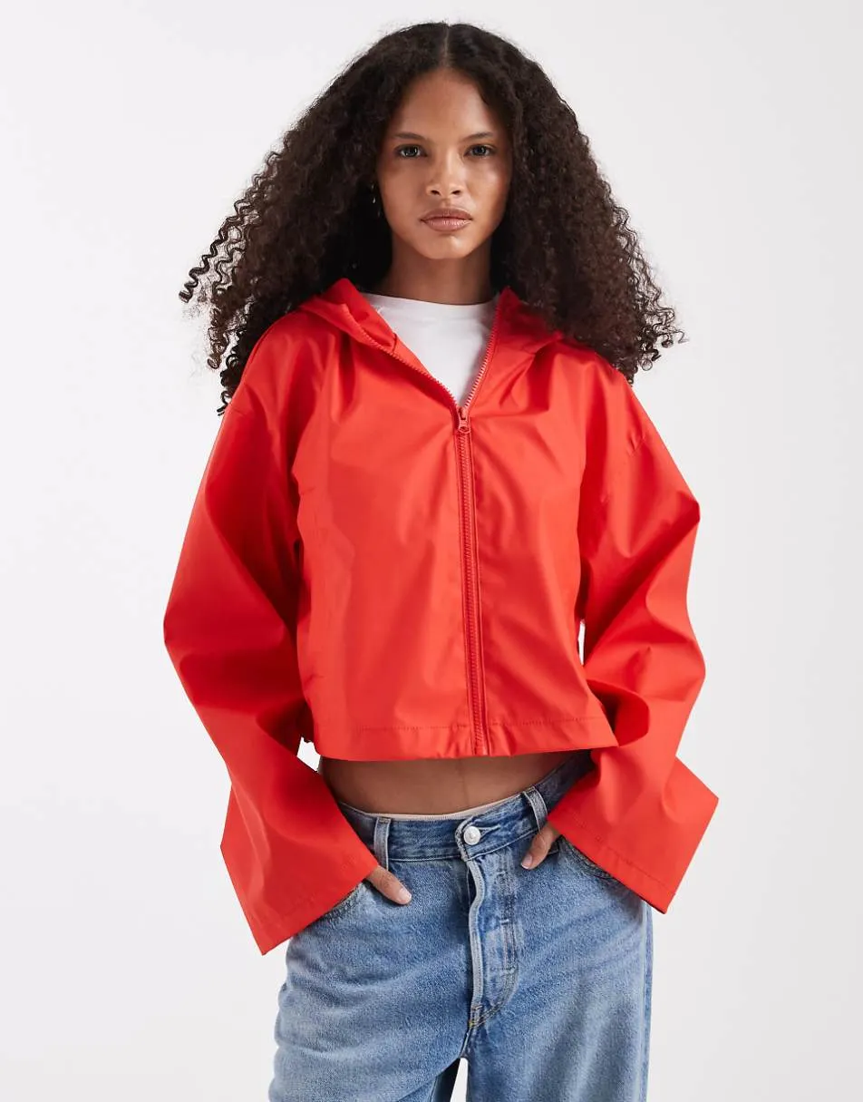 ASOS DESIGN croppped rubberised rain jacket with hood in bright red