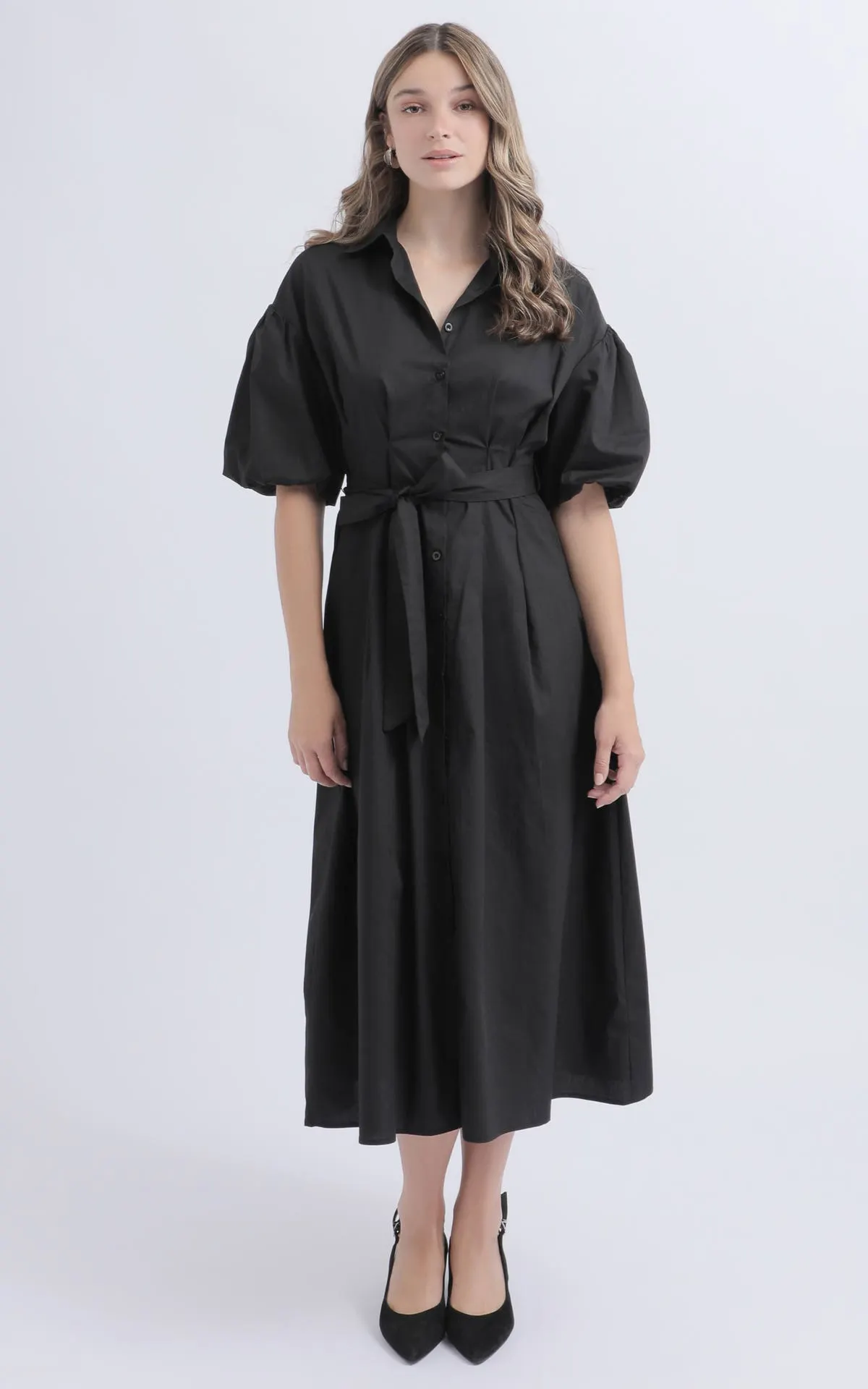 Cotton Poplin Puff Slv Shirt Dress