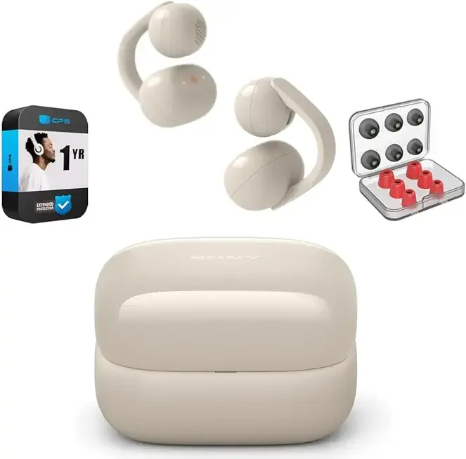 Sony WFLC900/C LinkBuds Clip Open-Ear Truly Wireless Earbuds Greige Bundle with Deco Essentials 6-Pair Earbud Tips & 1 YR Enhanced Protection Pack