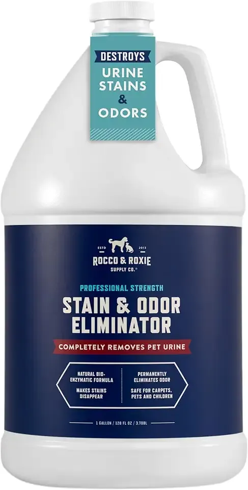 Rocco & Roxie Supply Co. Stain & Strong Odor Eliminator, Enzyme Cleaner, Pet Odor Eliminator for Home - Carpet Stain Remover for Cats & Dog Pee - Urine Destroyer - Carpet Cleaner Spray, 1-Gallon