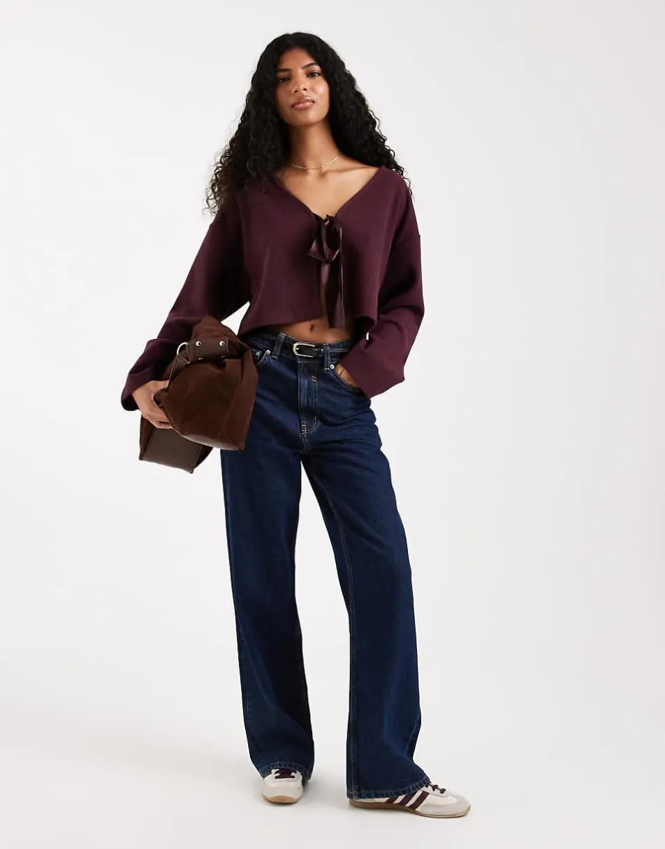Miss Selfridge brushed rib cardigan with satin bow in plum