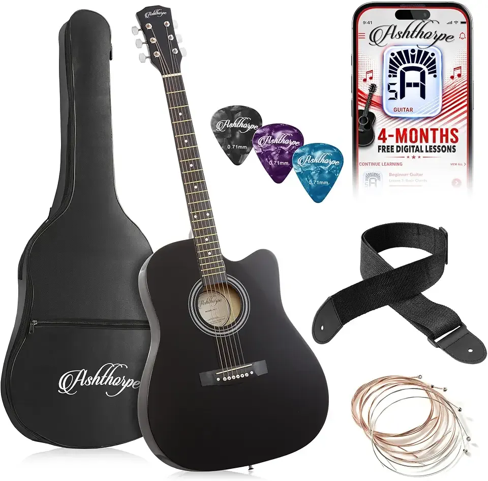 Ashthorpe 41-inch Beginner Cutaway Acoustic Guitar (Black), Full Size Basic Starter Kit w/Gig Bag, Strings, Strap, Picks, and Lessons