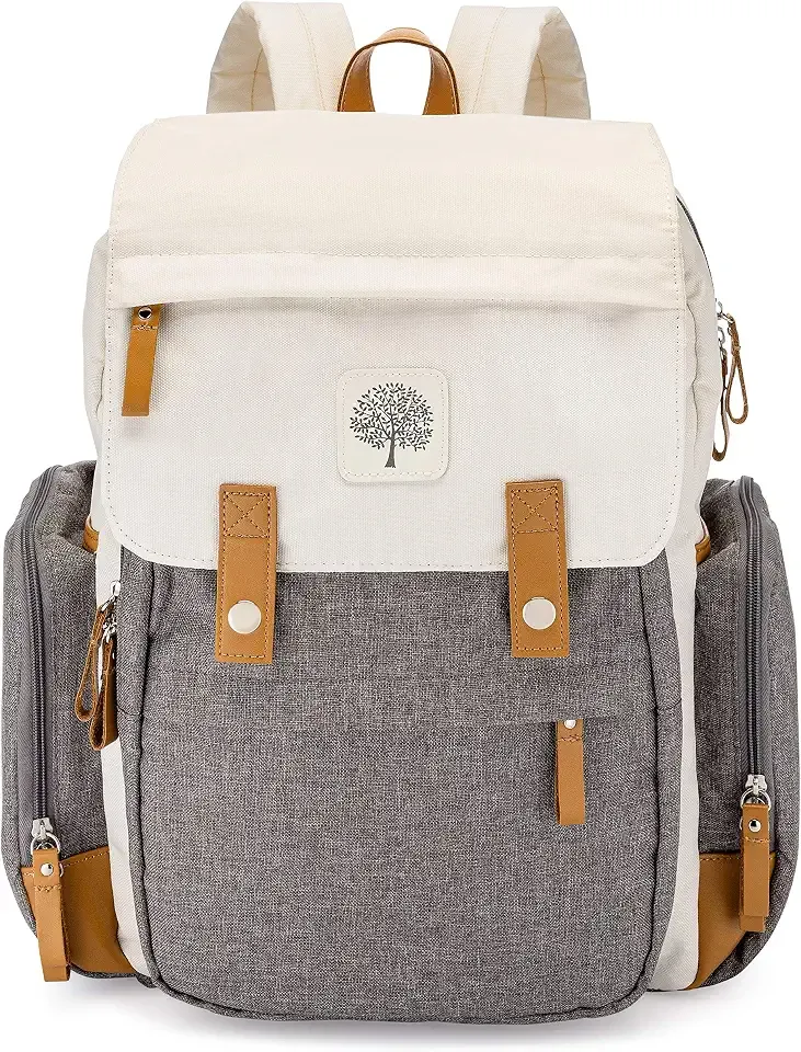 Parker Baby Co. 8-Year Original Birch Diaper Backpack - Cream | Parker Baby Co. roomy hands-free bag with insulated bottle pockets, stroller straps, and baby travel storage