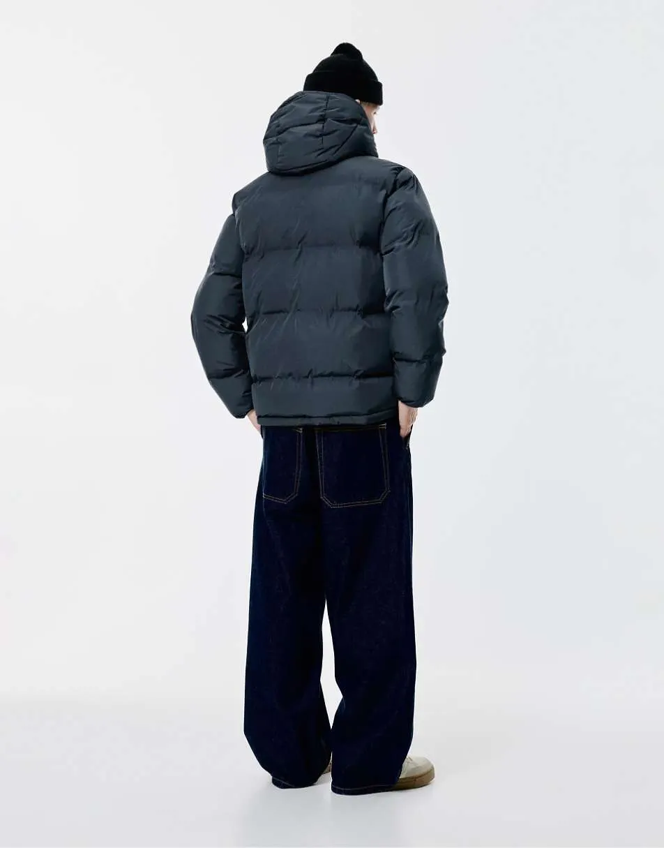 Pull&Bear Heat-sealed quilted jacket with hood in navy
