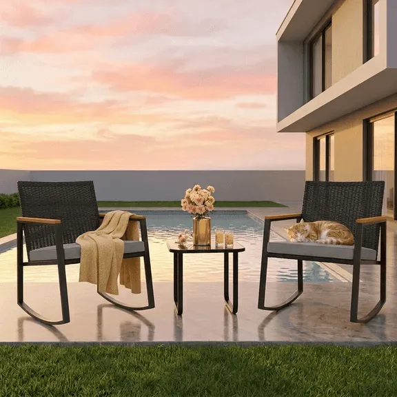 Patio Furniture Set, Rocking Bistro Set Chair with Coffee Table for Balcony, Backyard, Gray