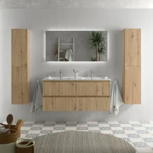 Mueble de Baño KIRA 120cm Roble 4 cajones Lavabo 2 pozas Porcelana