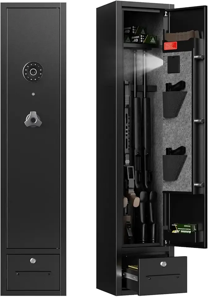 4 Gun Safes, Rifle Safe Long Gun Safe for Home, Quick & Easy Access Gun Cabinets for Home Rifle and Pistols with LED Light & Drawer, Electronic Lock
