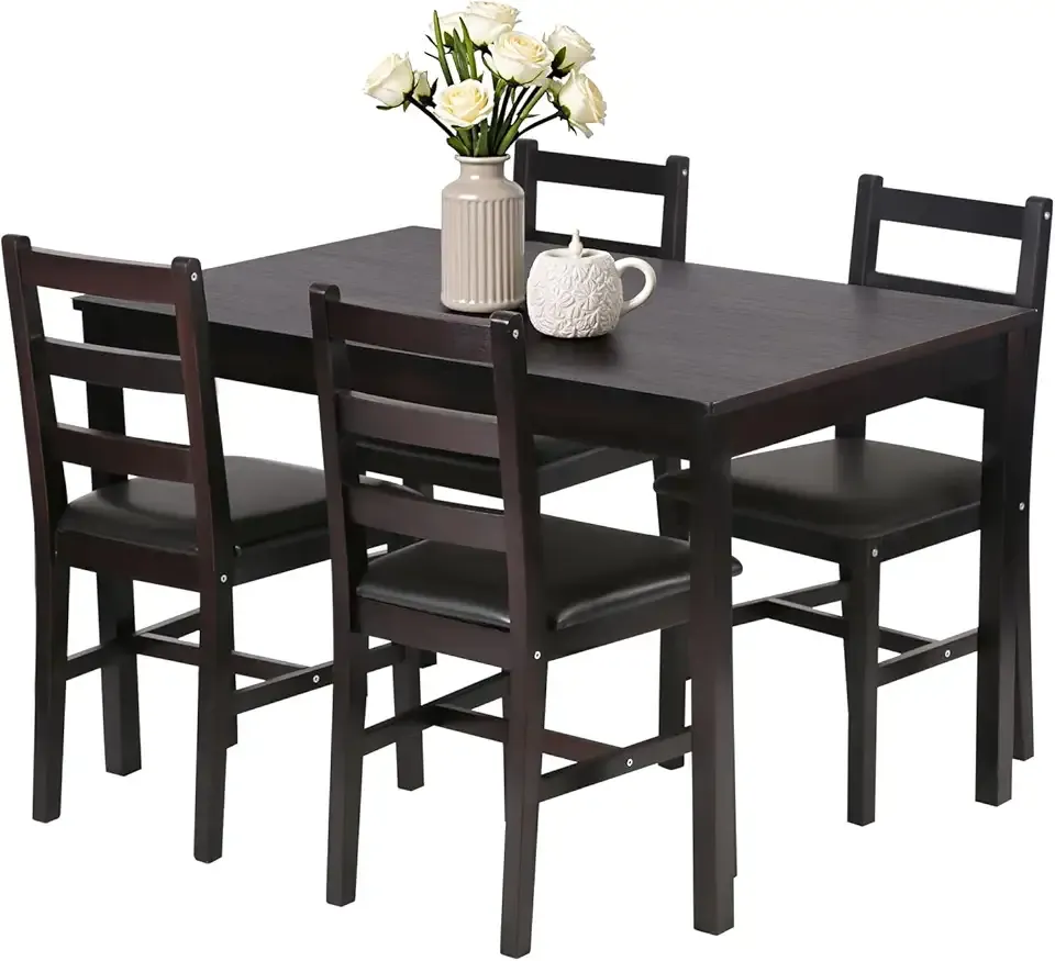 FDW | 5-Piece Solid Wood Dining Table Set for 4 | Brown | Space-Saving Design | Smooth Easy-to-Clean Surface | Pine Kitchen Table with Upholstered Chairs | for Dining Room, Apartment, Restaurant