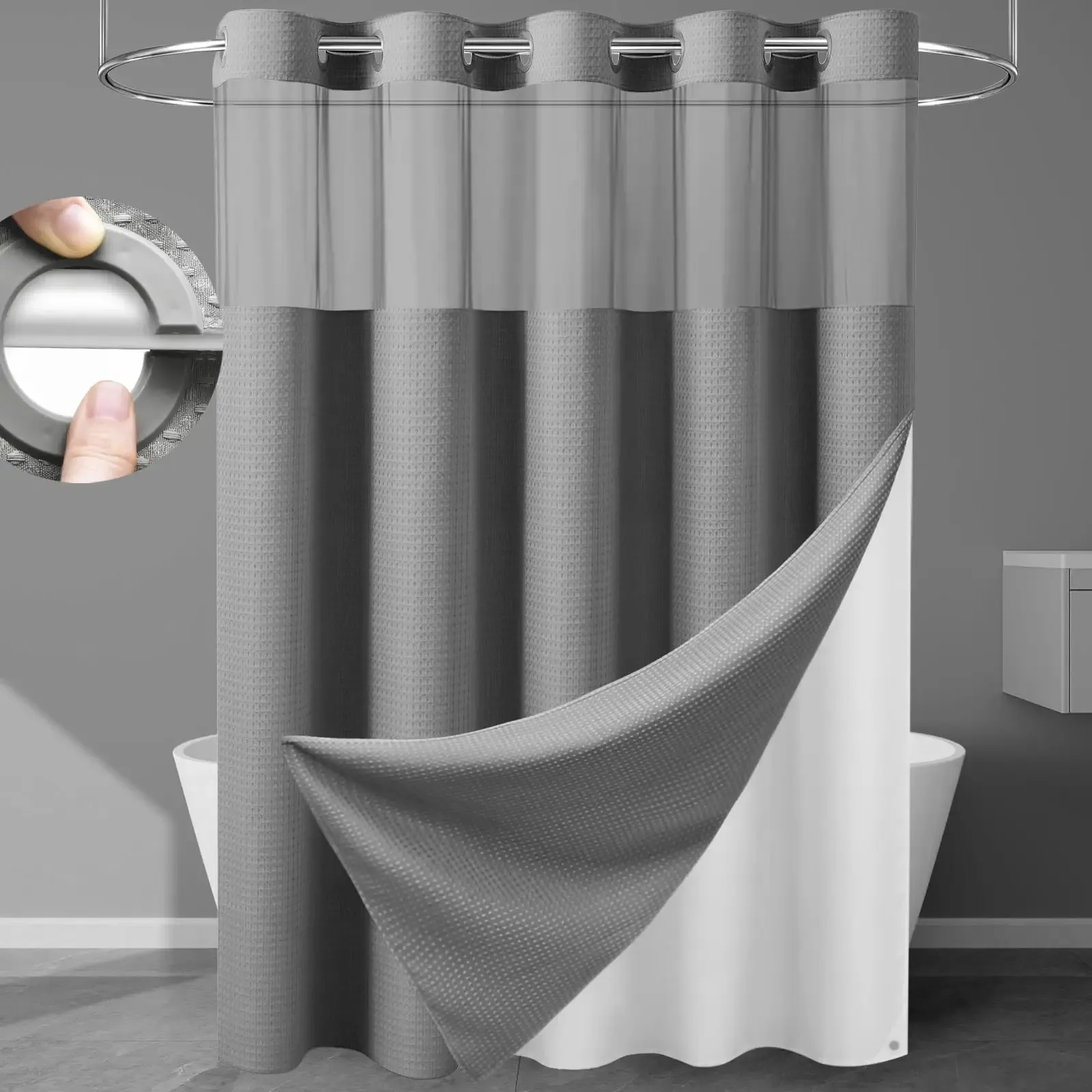 256GSM Heavyweight Ringless Waffle Shower Curtain with Liner, 71x74, Grey | Snap in Liner, Heavy Duty, Thick Fabric, Hotel Luxury Spa, 3 in 1 Set, for Bathroom, Corner Magnets, Washable