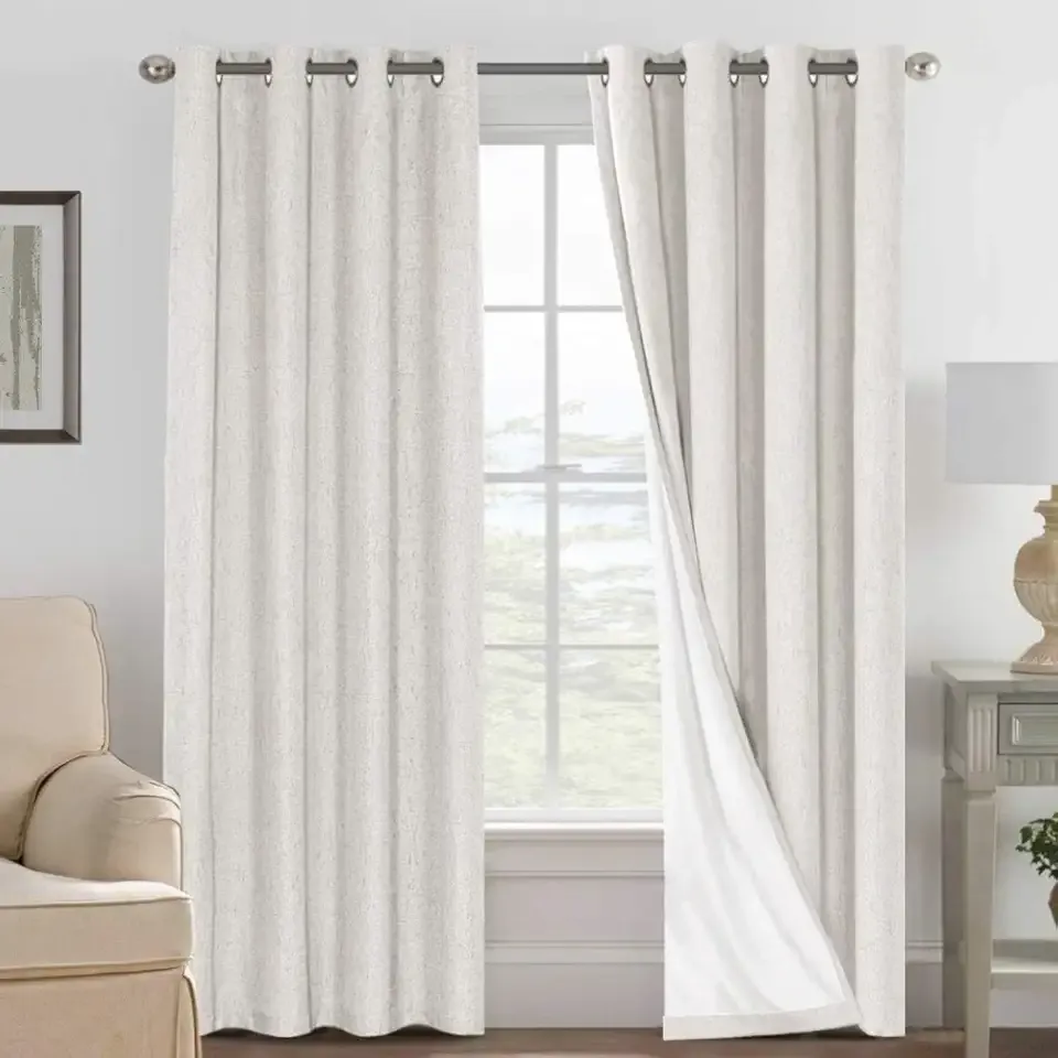 100% Blackout Curtains Linen Textured Blackout Curtains for Bedroom Full Light Blocking Thermal Insulated Curtain Panels 84 Inches Long Energy Saving with White Liner, 2 Panels, Ivory
