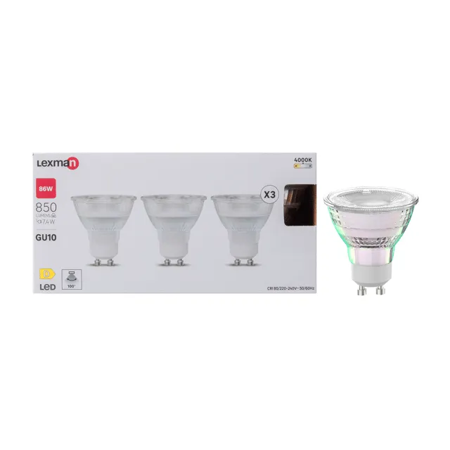 Pack de 3 bombillas LED GU10 850 lúmenes 7.4W color de la luz blanco neutro 4000K CRI 89-80 luz natural y fiel clase energética D