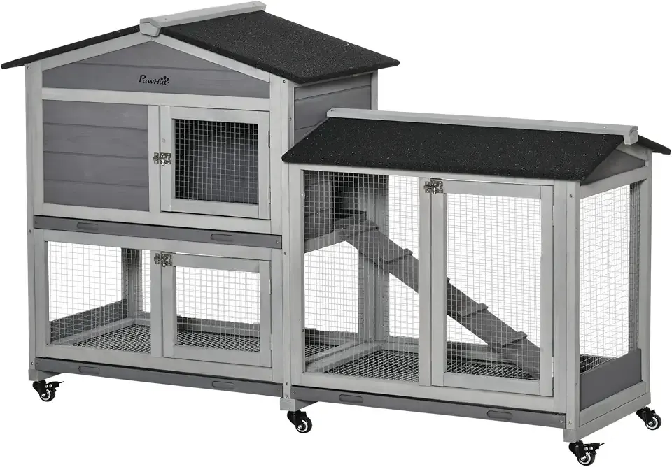 PawHut 62" Rabbit Hutch with Wheels for Rabbits, Chickens, Ducks, Gray | Wooden Bunny Hutch, Guinea Pig Cage, Small Animal Enclosure, Run Area, Removable Tray, Asphalt Roof, Lockable Doors & Ramp