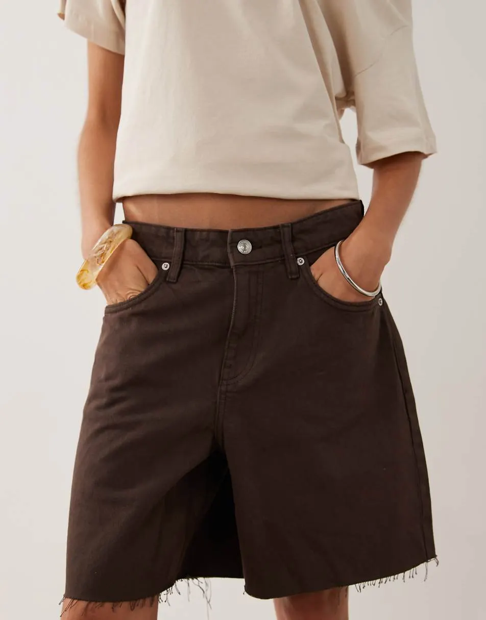 Mango 100% cotton denim short in chocolate brown