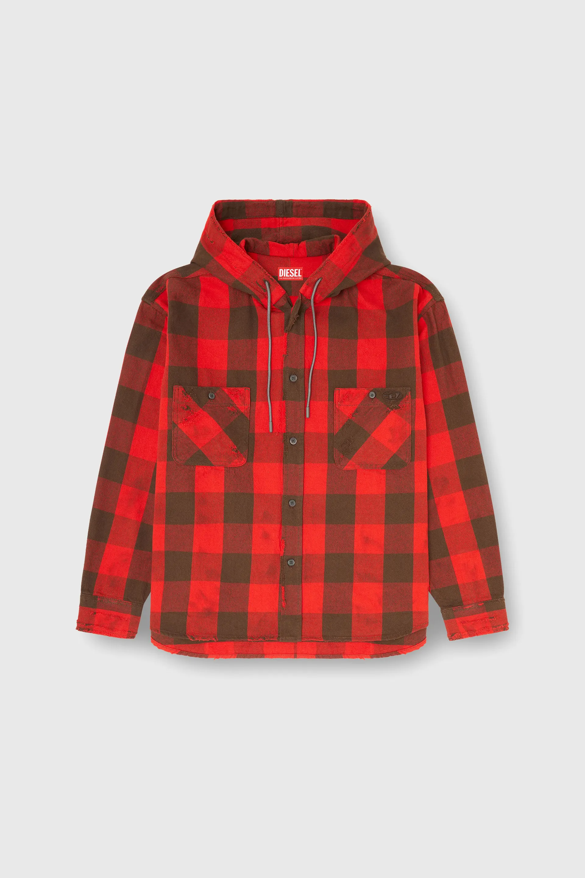 Distressed hooded shirt in check flannel