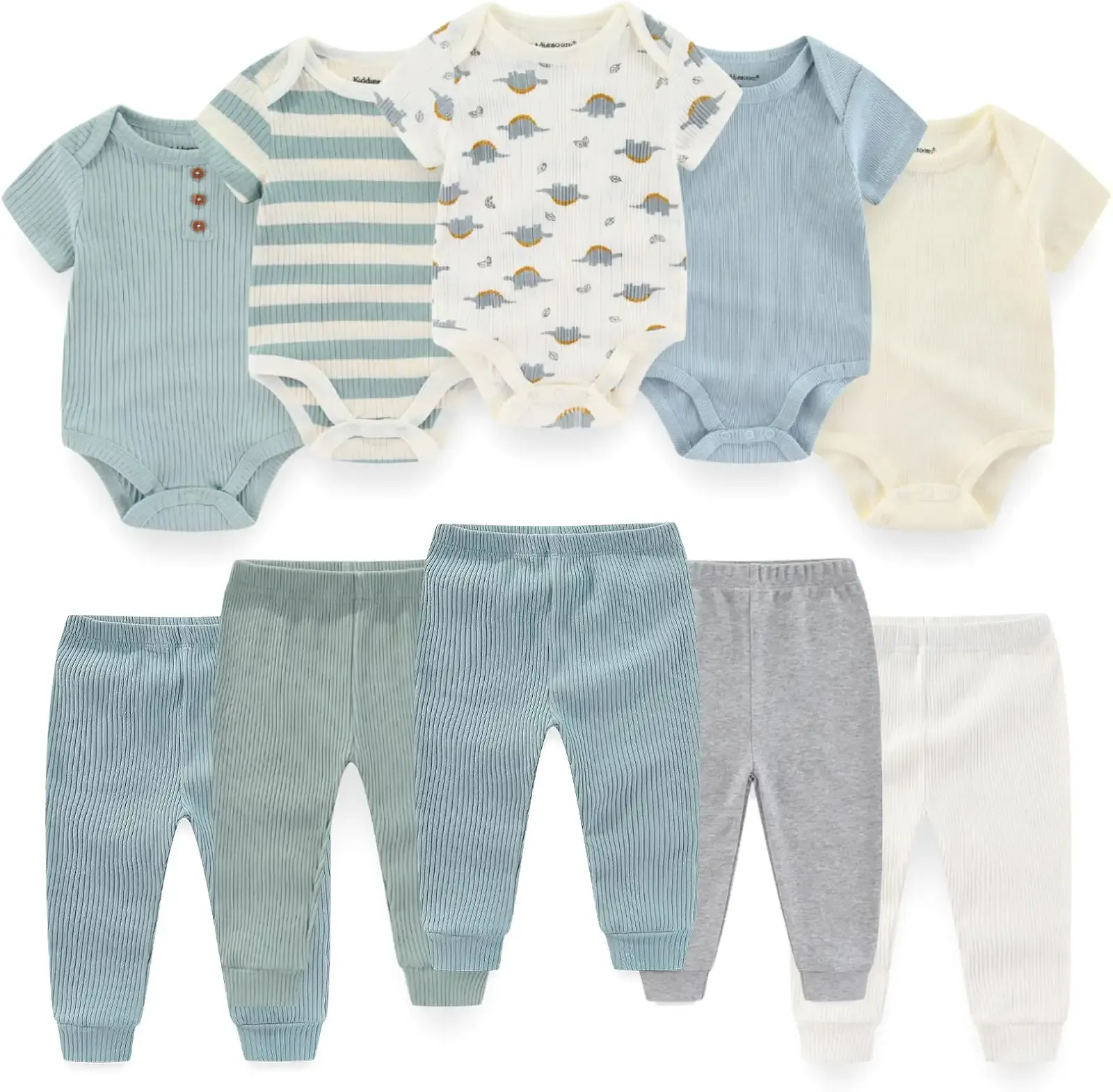 BIGBIGKISS Baby Bodysuit and Pant Set 10Pcs Baby Boy Girl Clothes Outfits | Cotton Newborn Outfits | Short Sleeve | Long Pants | 0-12Months