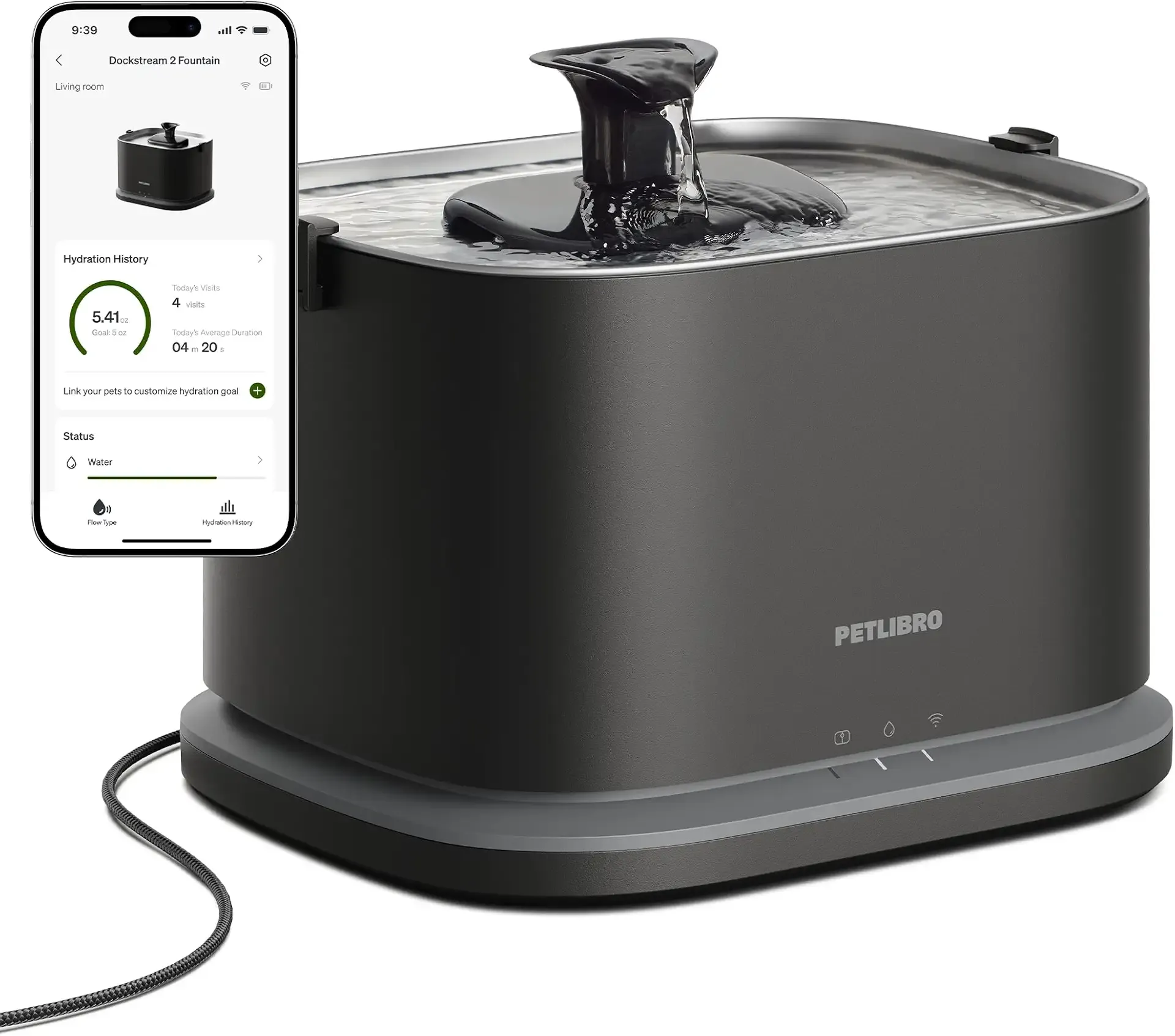 PETLIBRO Upgrade Cat Water Fountain Stainless Steel Tray, Dockstream 2 Cat Fountain Indoor, 3L/101oz Auto Cat Fountains for Drinking, App Monitoring Pet Water Fountain Dog, 5G WiFi Cat Water Dispenser