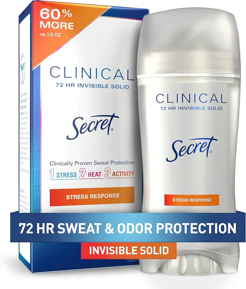 Secret Clinical Strength Antiperspirant Deodorant for Women, Stress Response, 3X Stress Protection, 72hr Sweat & Odor Protection, PH Balancing Minerals, Invisible Solid, 2.6 oz