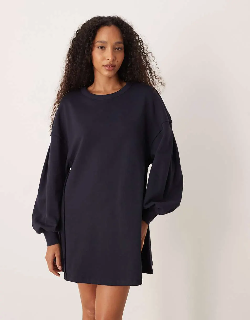 ASOS DESIGN cotton trapeze sweat mini dress in navy