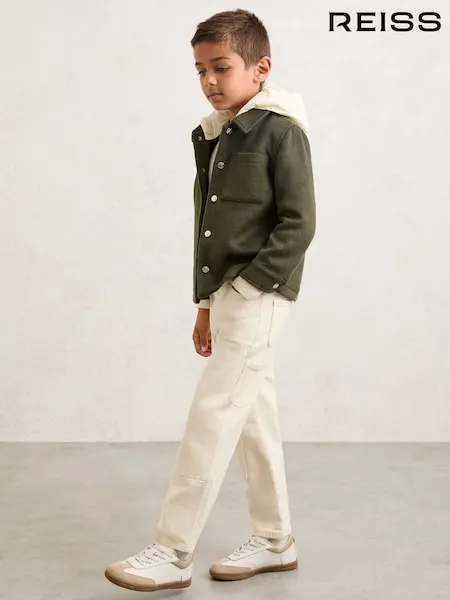 Reiss Dark Sage Green Benjamin 9-13 yrs Wool-Blend Detachable-Hood Overshirt