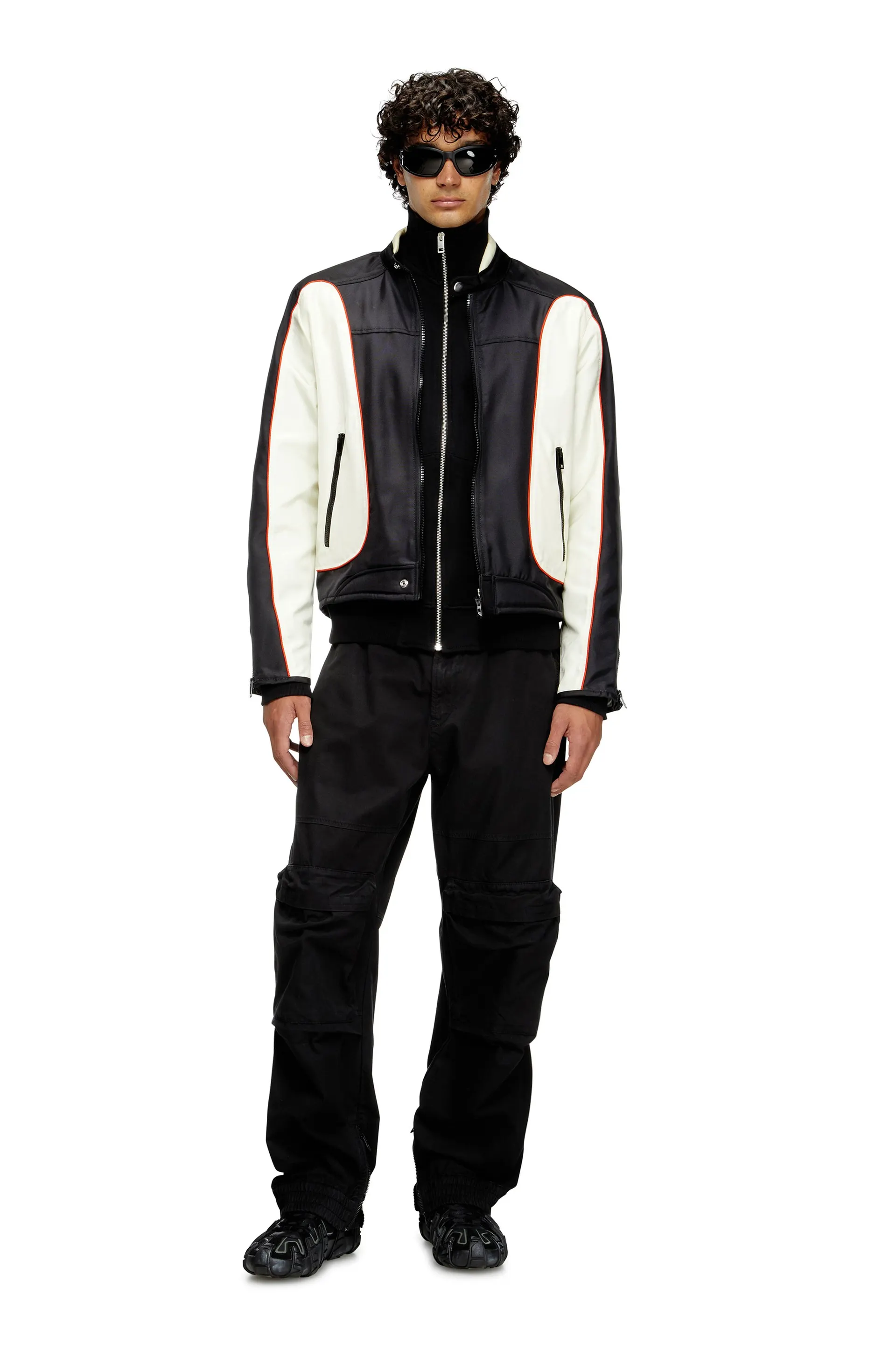 Colour-block biker jacket with piping