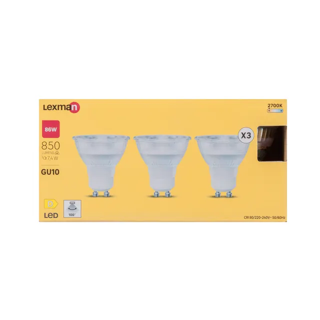 Pack de 3 bombillas LED GU10 850 lúmenes 80W color de la luz blanco cálido 2700K CRI 89-80 luz natural y fiel clase energética D