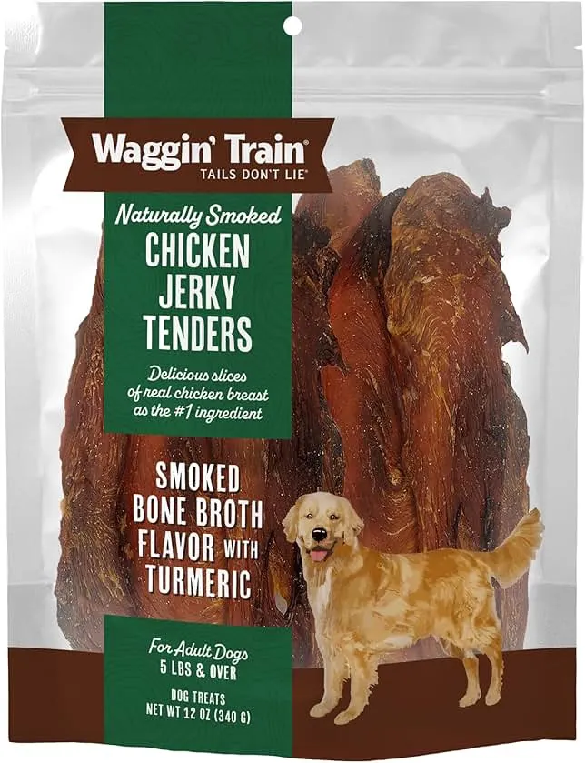 Waggin' Train Smoked Chicken Jerky Tenders for Dogs with Turmeric and Human Grade Bone Broth, Grain and Corn Free, High Protein, Premium Limited Ingredient 100% Real Chicken Dog Treats, 12 oz. Pouch