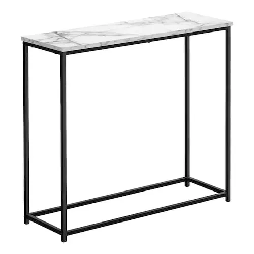Accent Table, Console, Entryway, Narrow, Sofa, Living Room, Bedroom, Metal, White Marble Look, Black