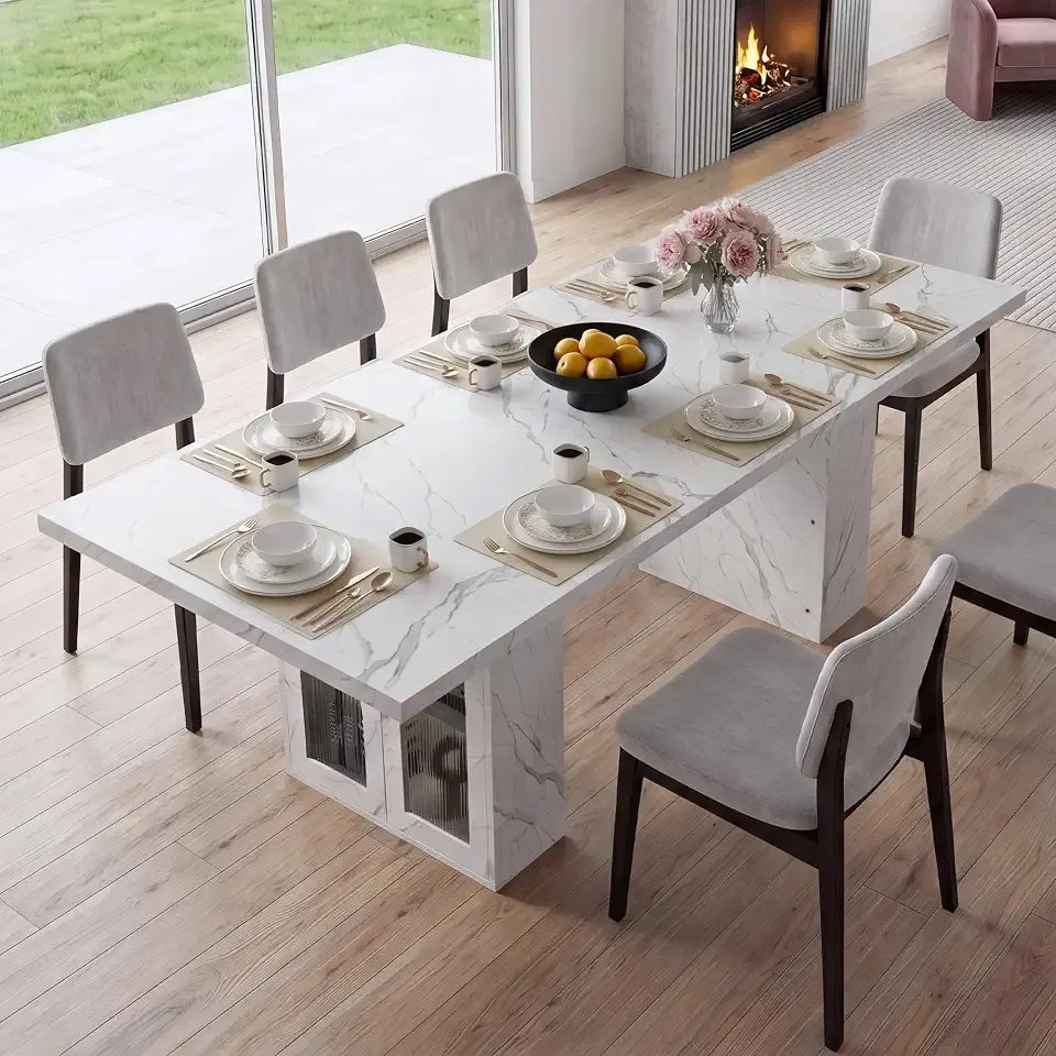 51"-78" Extendable Dining Table, White Faux Marble Kitchen Table for 4-8 | Marble Dining Room Table with Hidden Storage, Rectangle Dinner Tables for Dining Room Kitchen Living Room (White Marble)