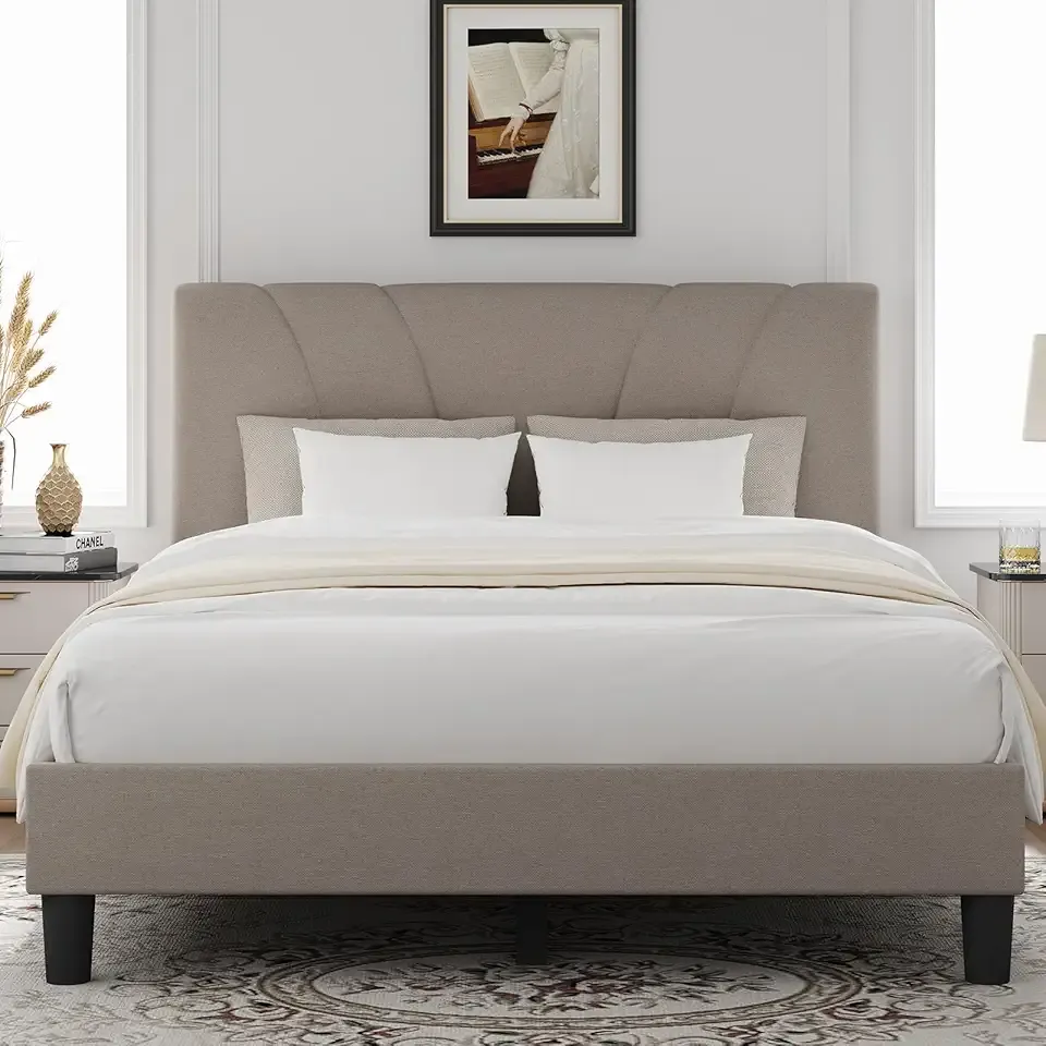 Novilla Queen Bed Frame with Headboard, Bed Frame Queen Size with Wood Slats Support,Linen Upholstered Adjustable Headboard, No Box Spring Needed, Heavy Duty Feet, Easy Assembly, Beige