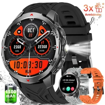 2025 Smartwatch Herren Militär mit Telefonfunktion,AMOLED 1100mAh Akku Sportuhr Herren mit Großes Display/3 Armbänder,100+ Sportmodi,Android&iOS