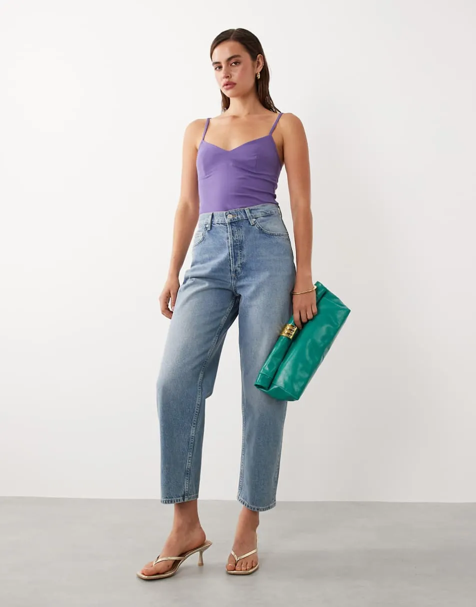Mango starring Hailey Bieber 100% cotton barrel jean in mid blue