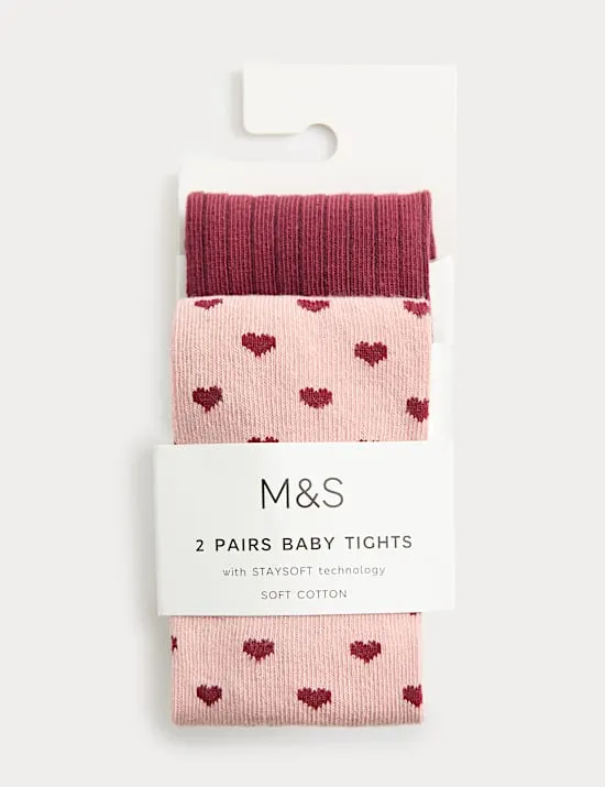 2 Pack Cotton Rich Pink Heart & Ribbed Tights (0-3 Yrs)