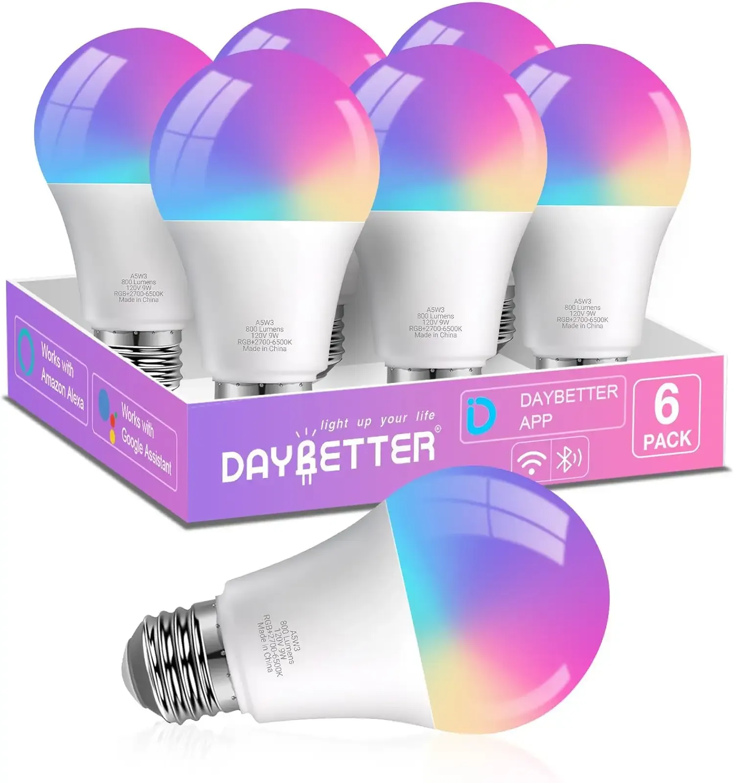 DAYBETTER A19 E26 Smart Light Bulbs,Compatible with Alexa & Google Home | DayBetter App, 6 Pack 800LM 60W Equivalent,Dimmable RGB+CCT Color Changing,2.4GHz WiFi & Bluetooth,Music Sync,Preset Scenes