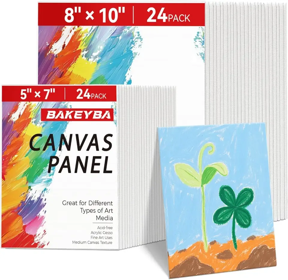 48 Pack Small Canvas Boards for Painting 5x7, 8x10 Inch (24pc of Each) Flat Canvas Panels for Kids- 100% Cotton for Acrylic Watercolor Paint